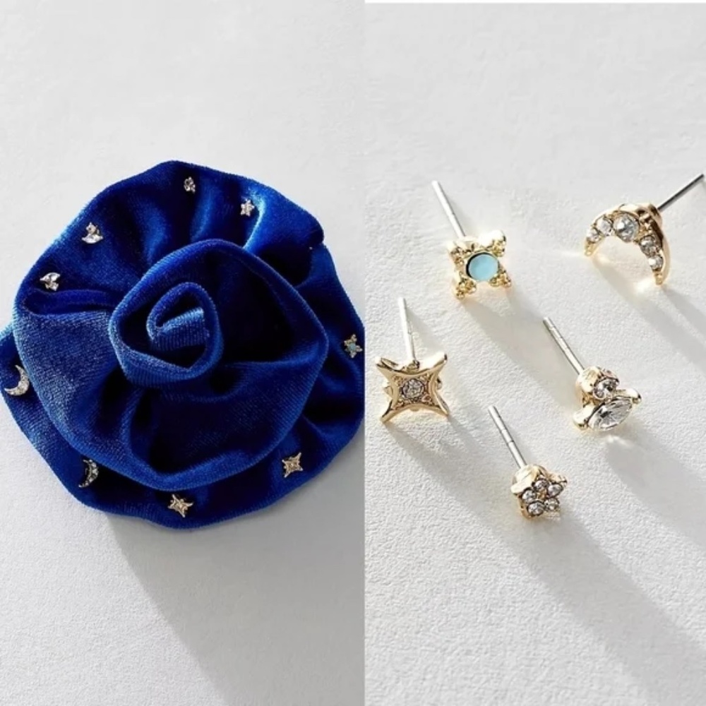NWT Free People Velvet Rosette Stud 5 Pair of Earrings Pack & Brooch - Blue
